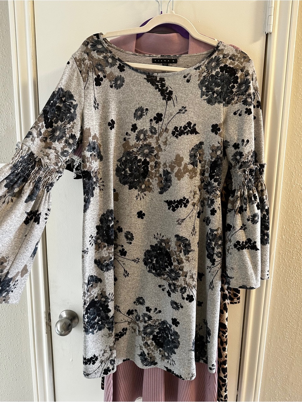 Tiana B. Gray and Black Floral Knit Top